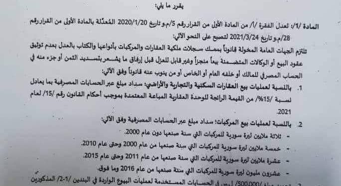 رئيس مجلس الوزراء #حسين_عرنوس يصدر قرارا ألزم بموجبه كل من يقوم #ببيع_عقار تسديد 15% من قيمته الرائجة بموجب #حوالة_مصرفية.